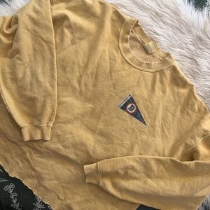 VINTAGE RAW HEMMED CROPPED YELLOW CREW NECK XL FRONT BACK LOGO DISTRESSED